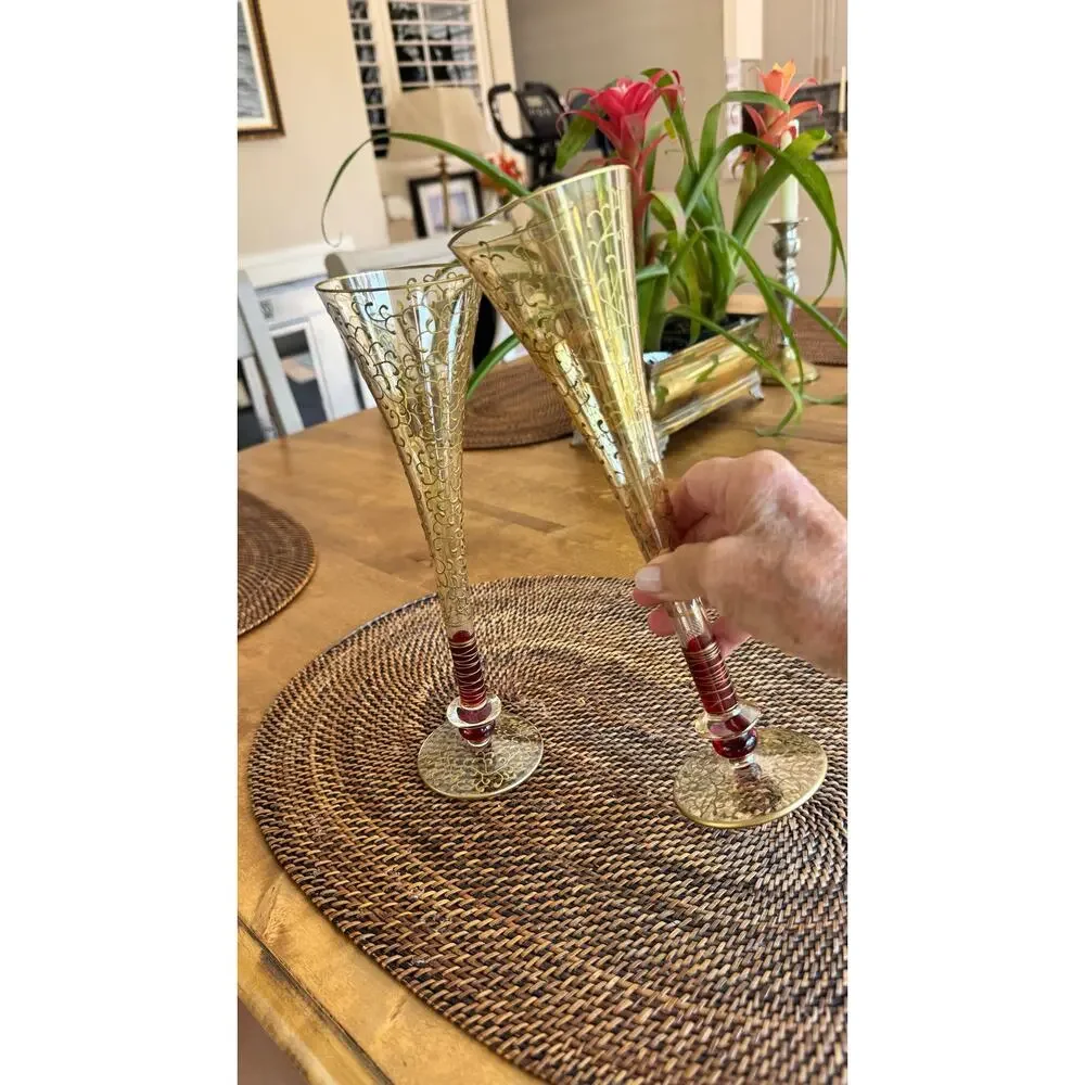 Pier 1 Imports Rioja Ruby and Gold Hand Painted Champagne Flute Glasses